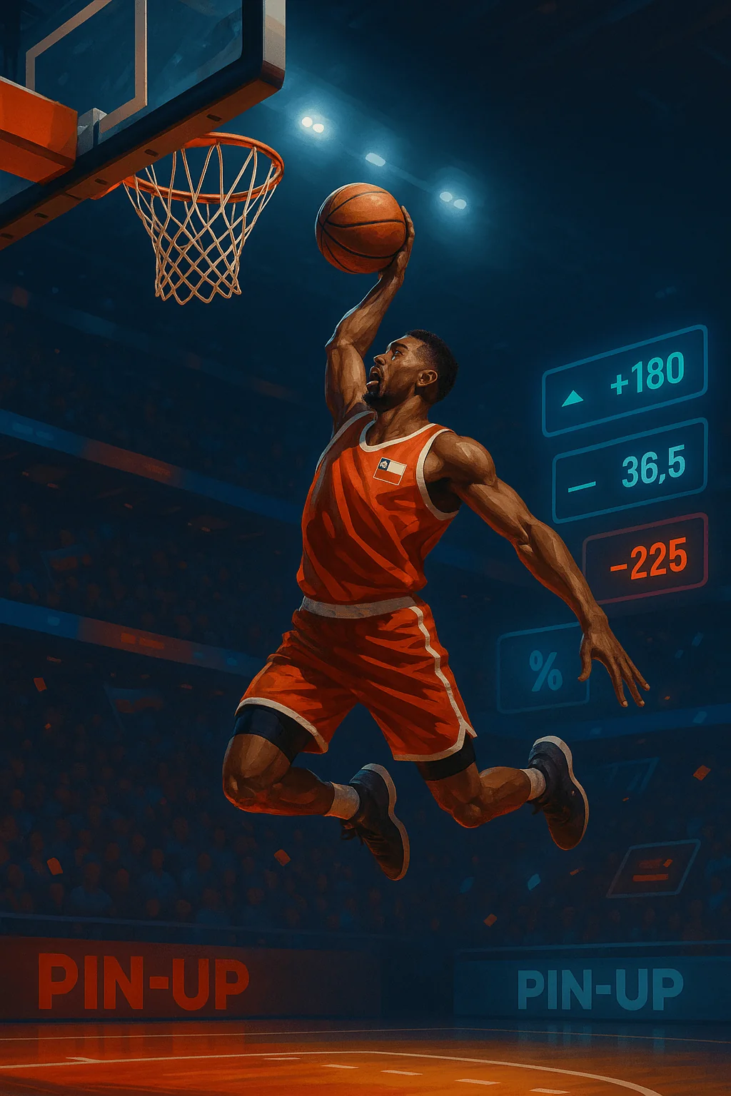 Jugadores de baloncesto en acción con estadísticas de apuestas mostradas al costado.