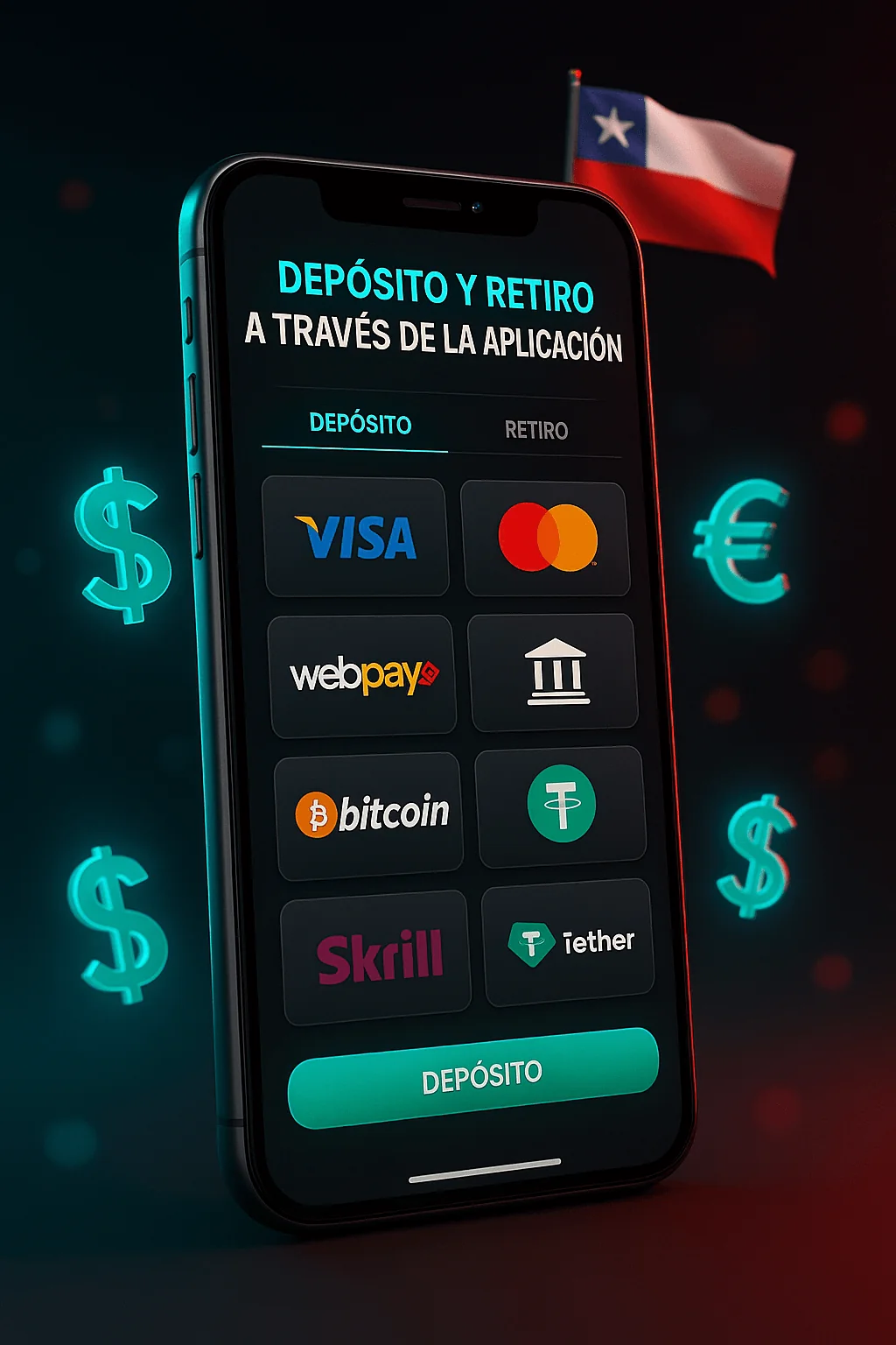 Imagen que muestra cómo realizar depósitos y retiros de dinero dentro de la aplicación Pin-Up.